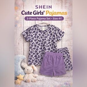 SHEIN Girls 3-Piece Pajama Set Leopard Print Purple Size 4Y